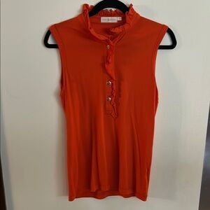 Tory Burch Orange Ruffled Sleeveless Blouse with Mandarin Collar
